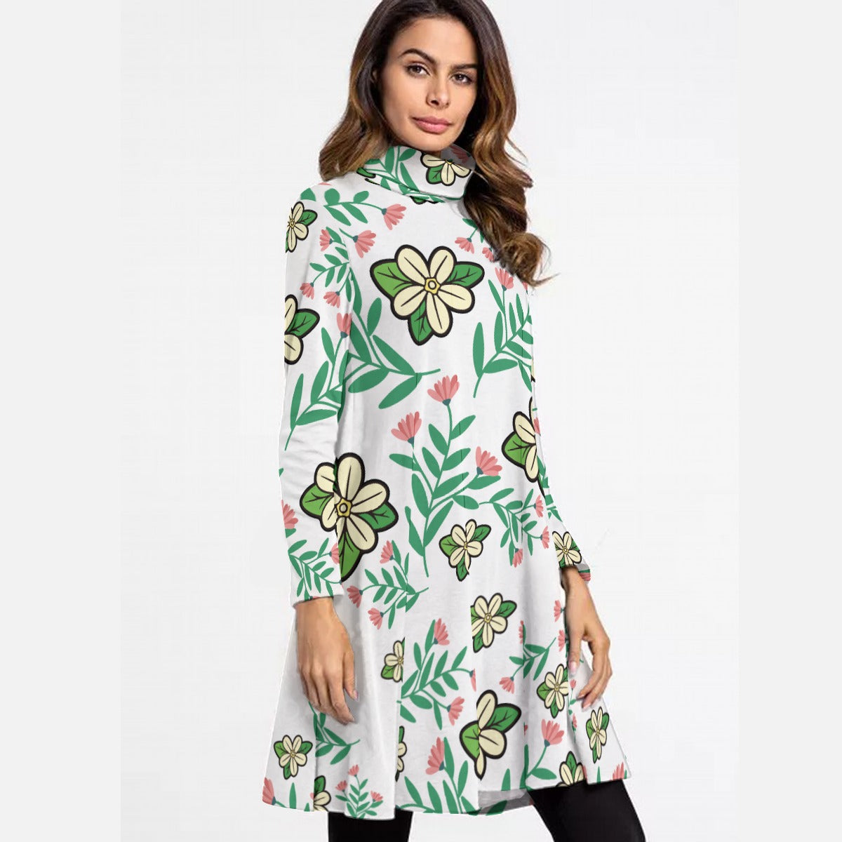 All-Over Print Women's High Neck Dress With Long Sleeve