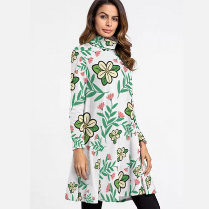 All-Over Print Women's High Neck Dress With Long Sleeve