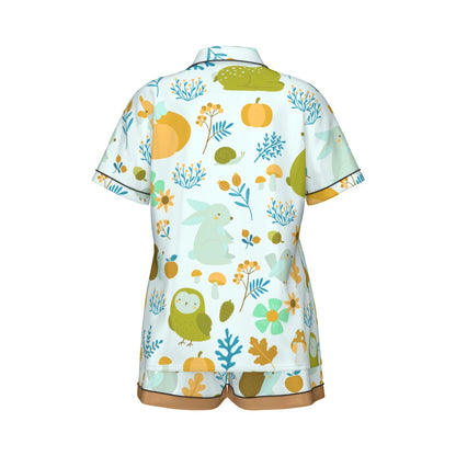 All-Over Print Women's Imitation Silk Pajama Set With Short Sleeve