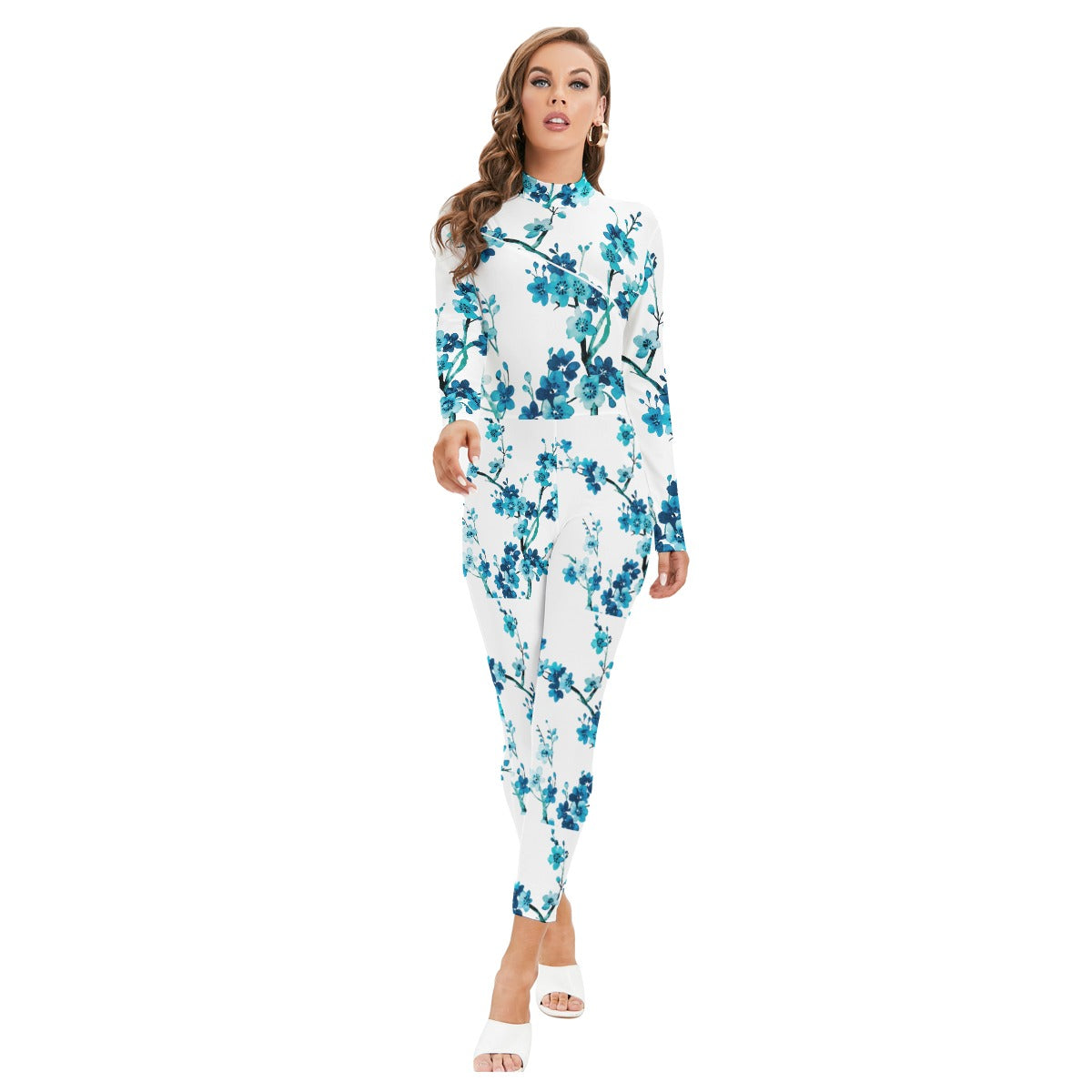 All-Over Print Women's Long-sleeved High-neck Jumpsuit With Zipper