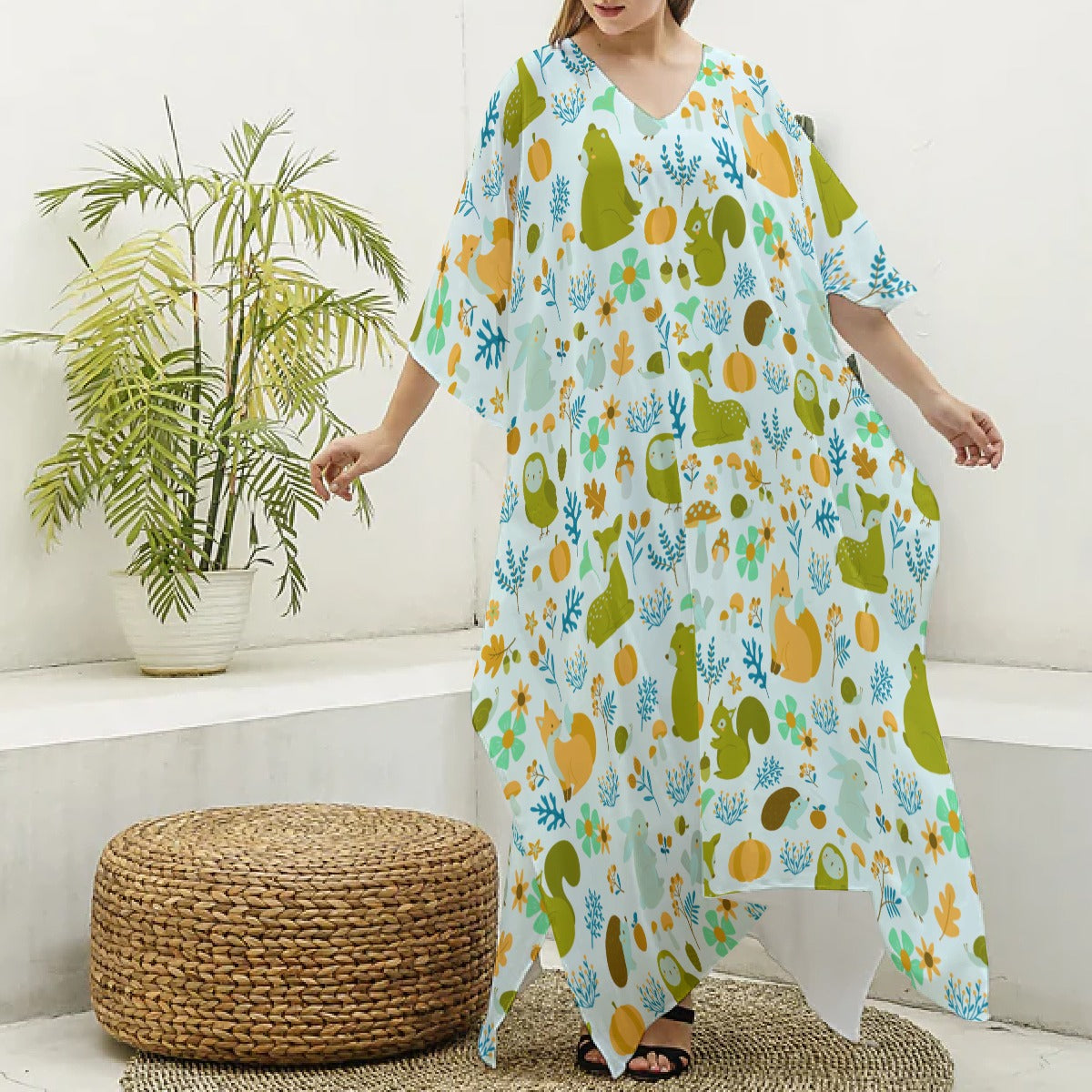 All-Over Print Women's Imitation Silk V-neck Kaftan Robe