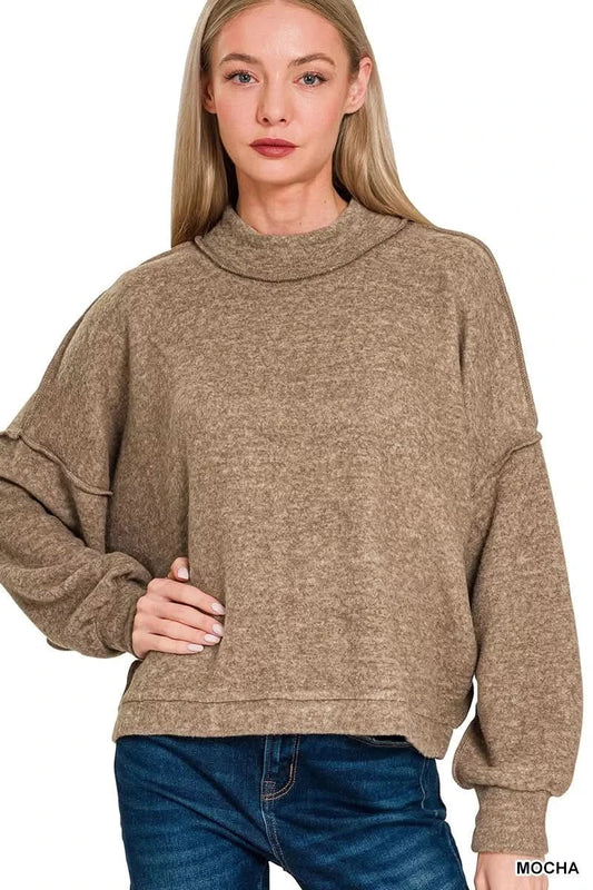 Zenana Brushed Melange Hacci Cropped Sweater Soft And Cozy MOCHA