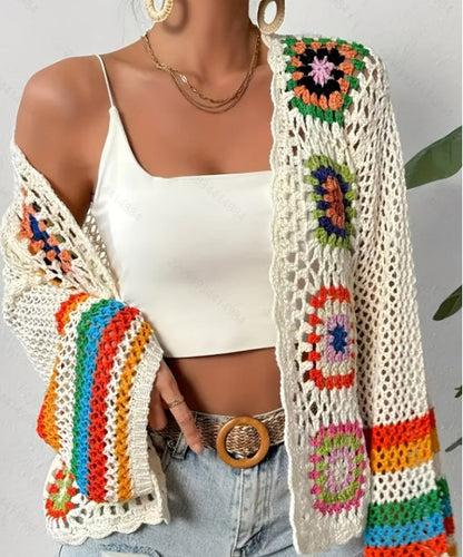Hand-Crocheted Knitted Cardigan for Women Apricot