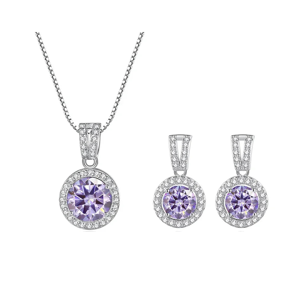 2Ct Moissanite Necklace Earrings Set Sterling Silver 925 Wedding Jewelry 2ct total light purple