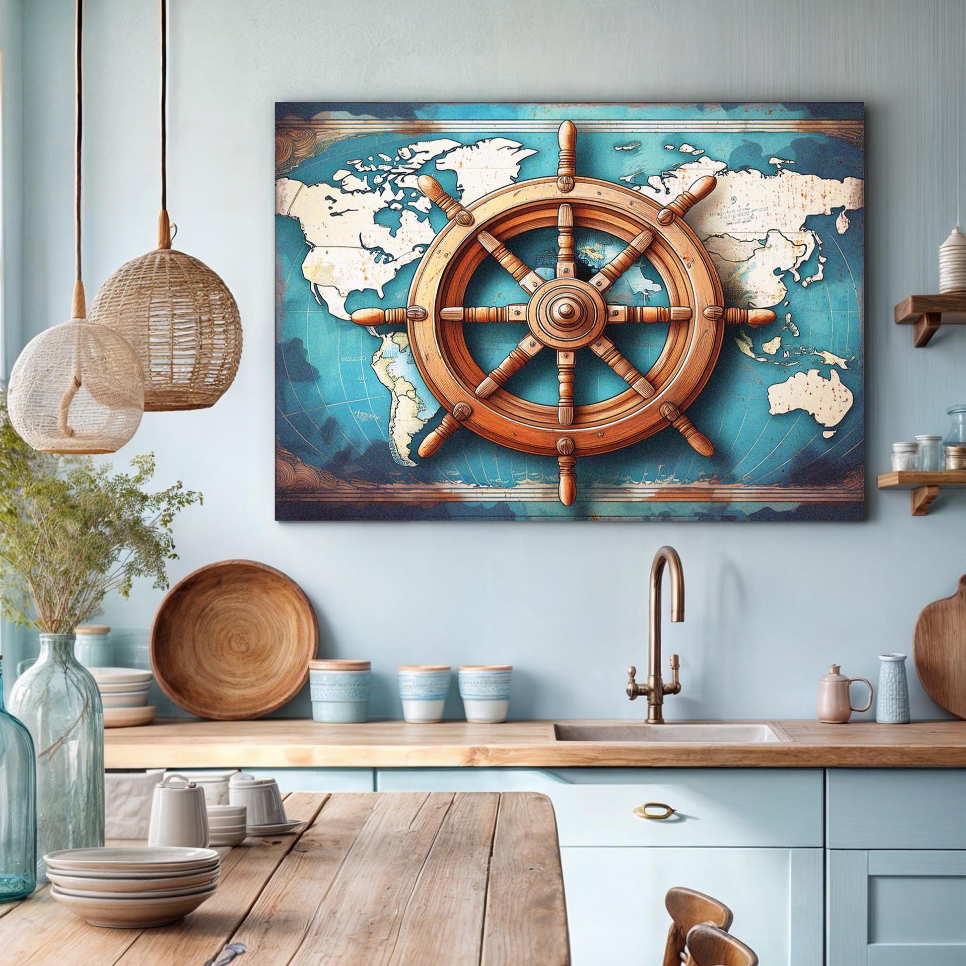 Sailboat Ship Wheel Coastal Wall Art 36x24 inch Extra Large Premium Gallery Wrapped
