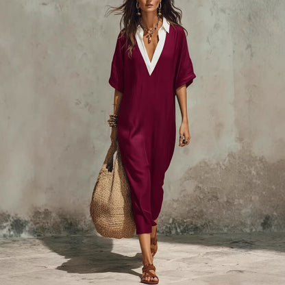Women's V-Neck Loose Cropped-Sleeve Linen Midi Dress with Pockets Wine Red