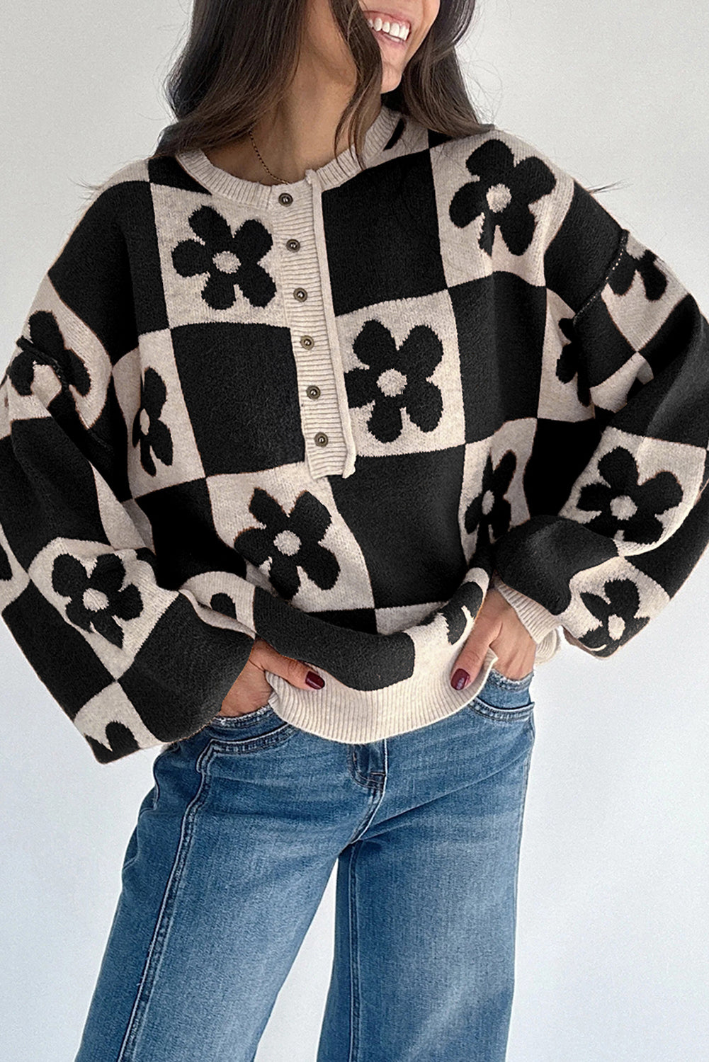 Thai Curry Flower Plaid Henley Baggy Sweater Black 52%Viscose+26%Polyester+22%Polyamide