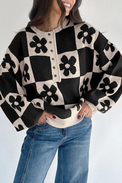Thai Curry Flower Plaid Henley Baggy Sweater Black 52%Viscose+26%Polyester+22%Polyamide