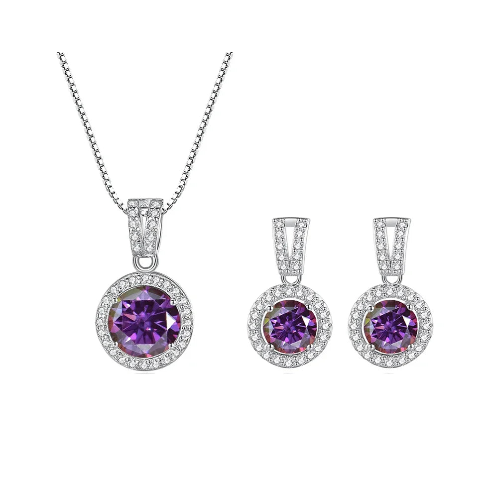 2Ct Moissanite Necklace Earrings Set Sterling Silver 925 Wedding Jewelry 2ct total purplish red