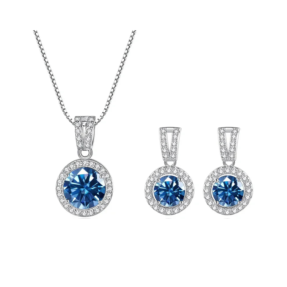 2Ct Moissanite Necklace Earrings Set Sterling Silver 925 Wedding Jewelry 2ct total royal blue