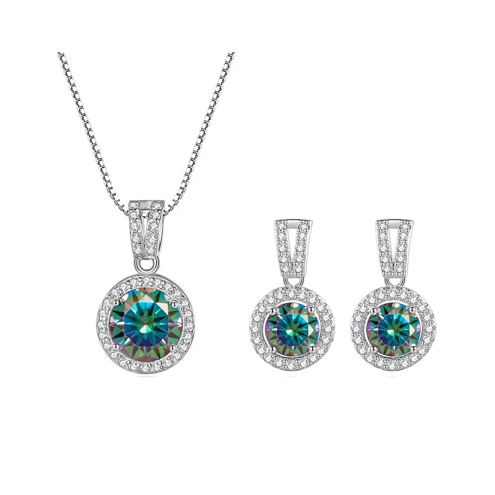 2Ct Moissanite Necklace Earrings Set Sterling Silver 925 Wedding Jewelry 2ct total rainbow