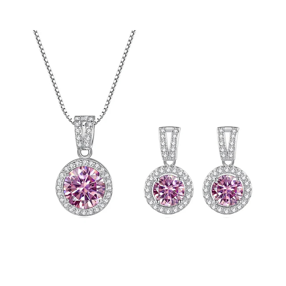 2Ct Moissanite Necklace Earrings Set Sterling Silver 925 Wedding Jewelry 2ct total pink