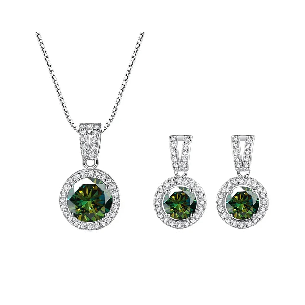 2Ct Moissanite Necklace Earrings Set Sterling Silver 925 Wedding Jewelry 2ct total dark green