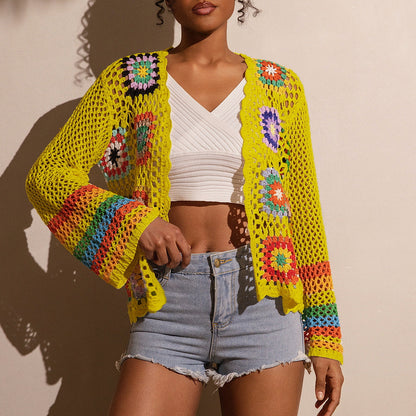 Hand-Crocheted Knitted Cardigan for Women Gold