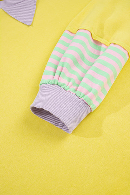 Yellow Striped Color Block Patchwork Crewneck Plus Size Pullover Sweatshirt
