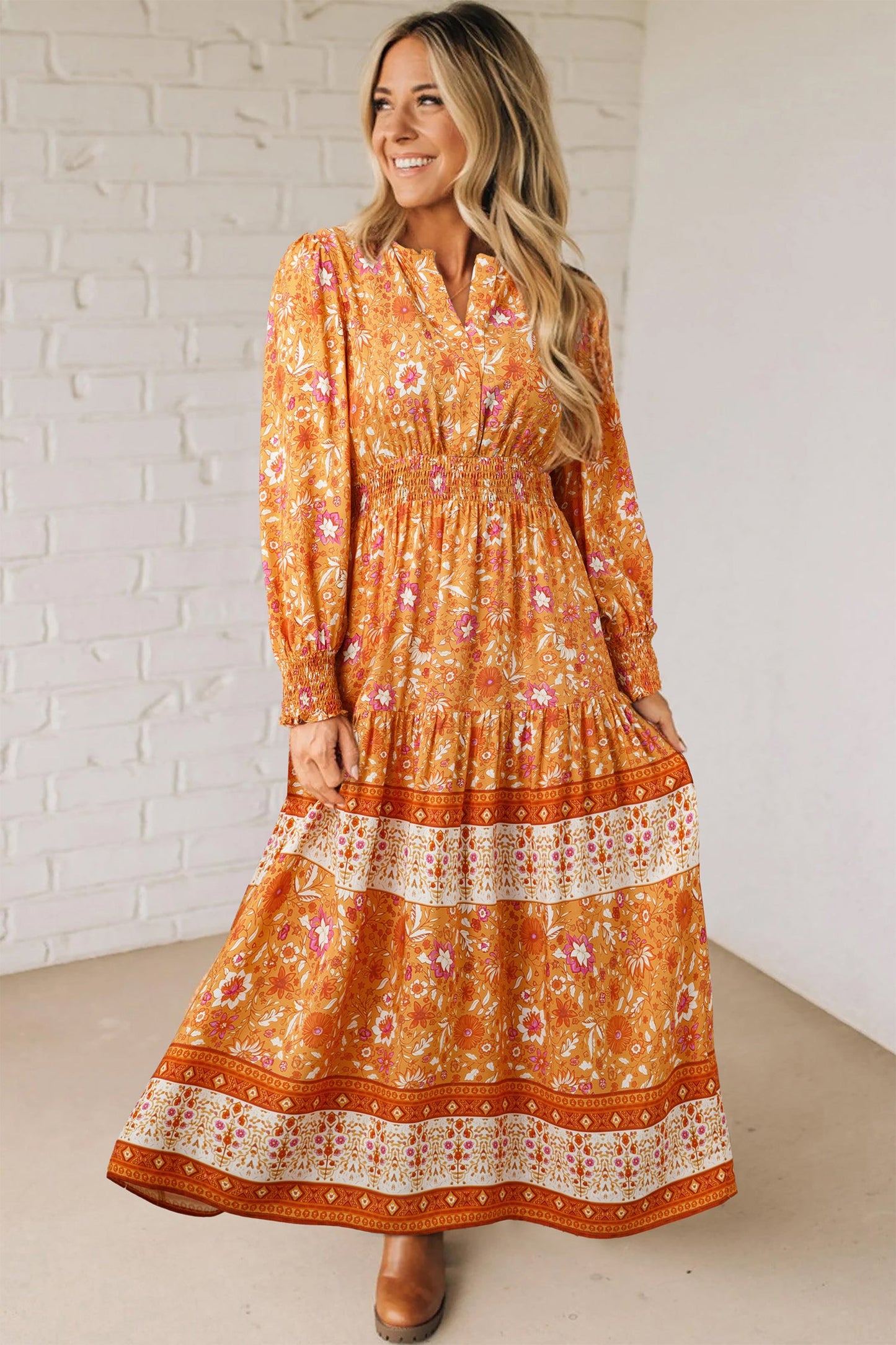 Boho Floral Smocked Waist Long Sleeve Maxi Dress Orange
