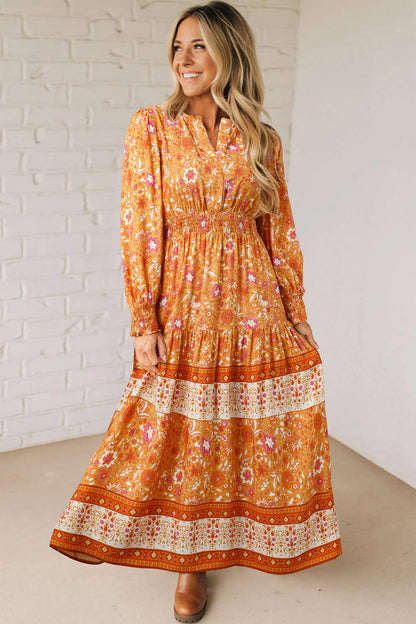 Boho Floral Smocked Waist Long Sleeve Maxi Dress Orange