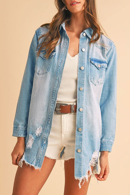 Beau Blue Light Wash Distressed Frayed Long Denim Jacket Beau Blue 75%Cotton+25%Polyester