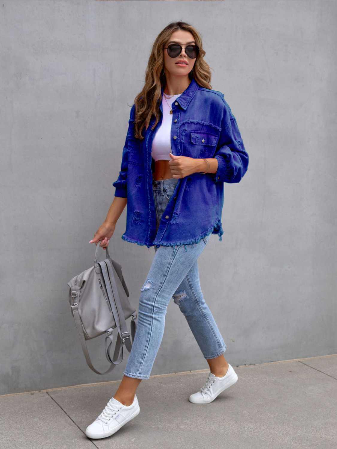 Distressed Drop Shoulder Fringe Denim Jacket Cotton Blend