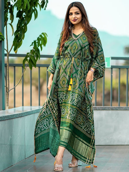 Green Bandhani Print Gaji Silk Kaftan with Golden Patta & Gotta Patti Lace
