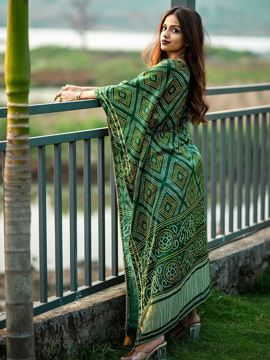 Green Bandhani Print Gaji Silk Kaftan with Golden Patta & Gotta Patti Lace