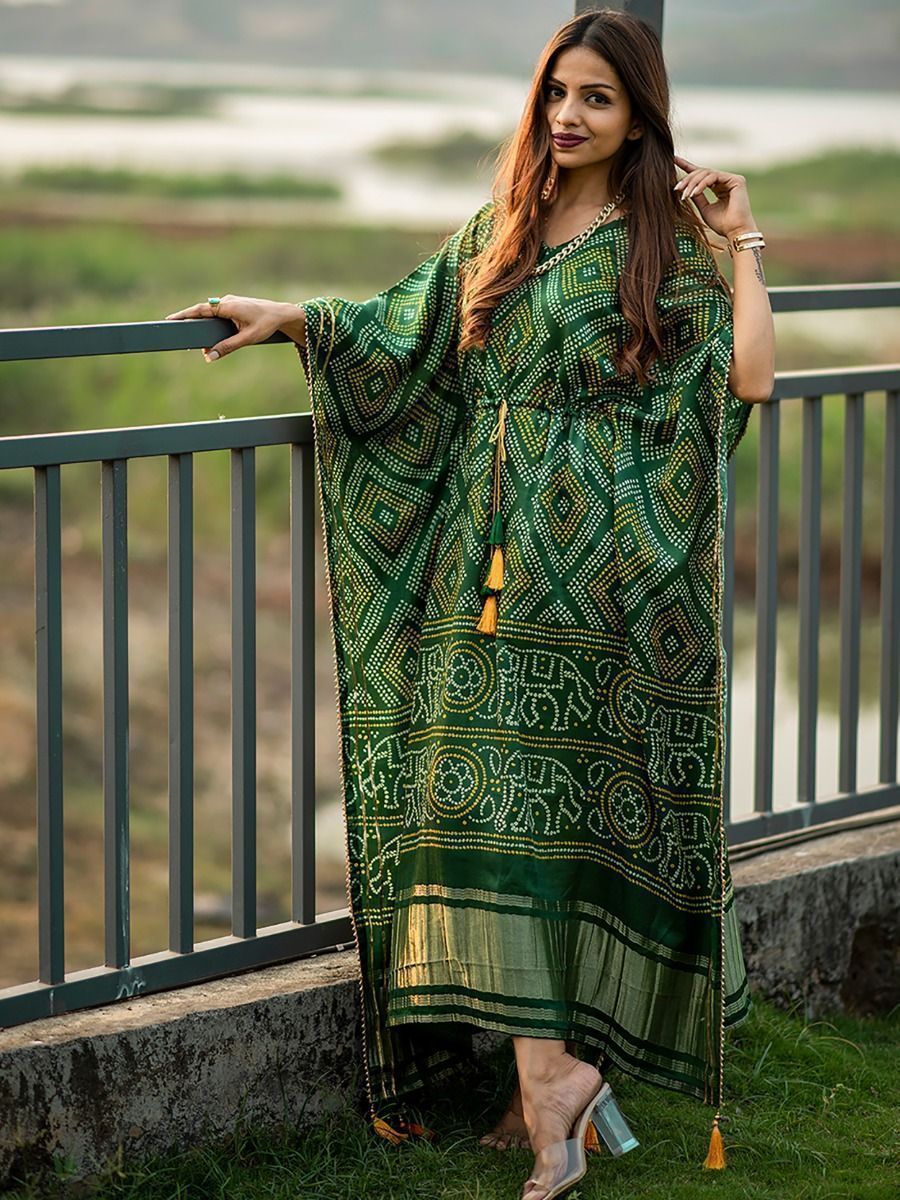 Green Bandhani Print Gaji Silk Kaftan with Golden Patta & Gotta Patti Lace