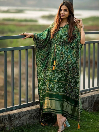 Green Bandhani Print Gaji Silk Kaftan with Golden Patta & Gotta Patti Lace