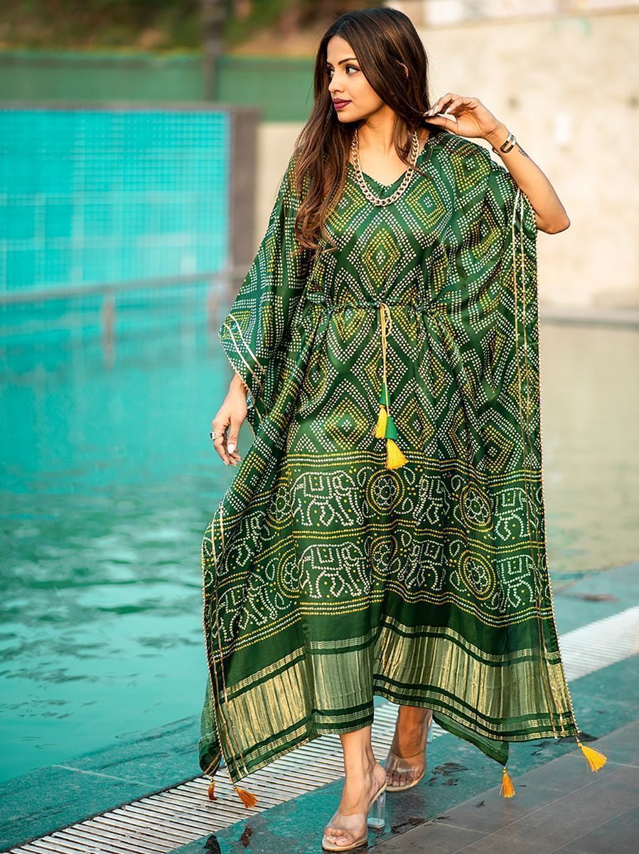 Green Bandhani Print Gaji Silk Kaftan with Golden Patta & Gotta Patti Lace