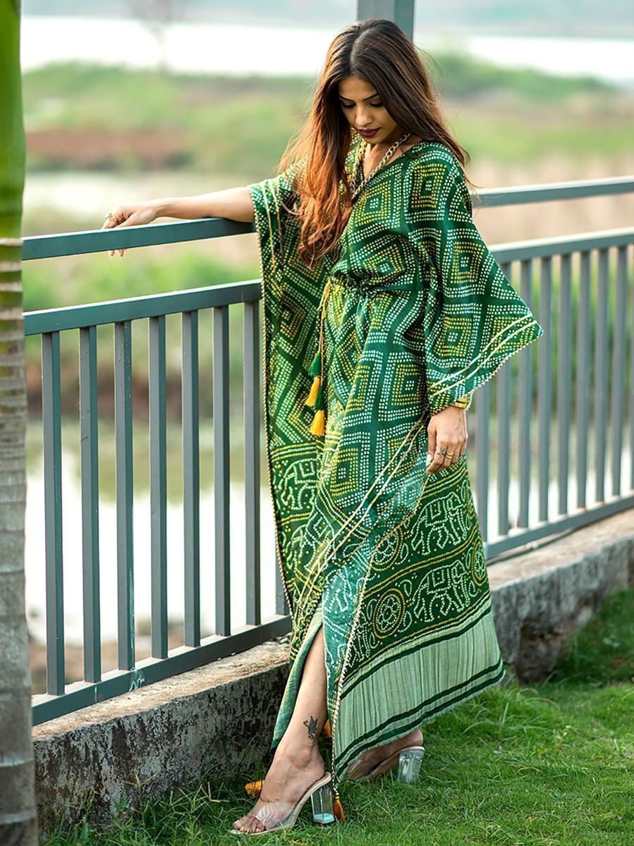 Green Bandhani Print Gaji Silk Kaftan with Golden Patta & Gotta Patti Lace