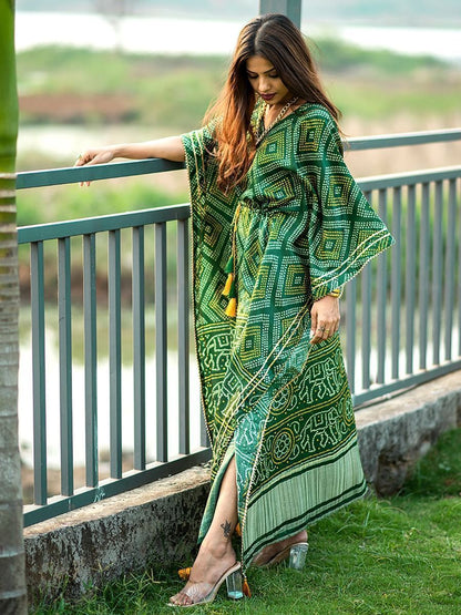 Green Bandhani Print Gaji Silk Kaftan with Golden Patta & Gotta Patti Lace