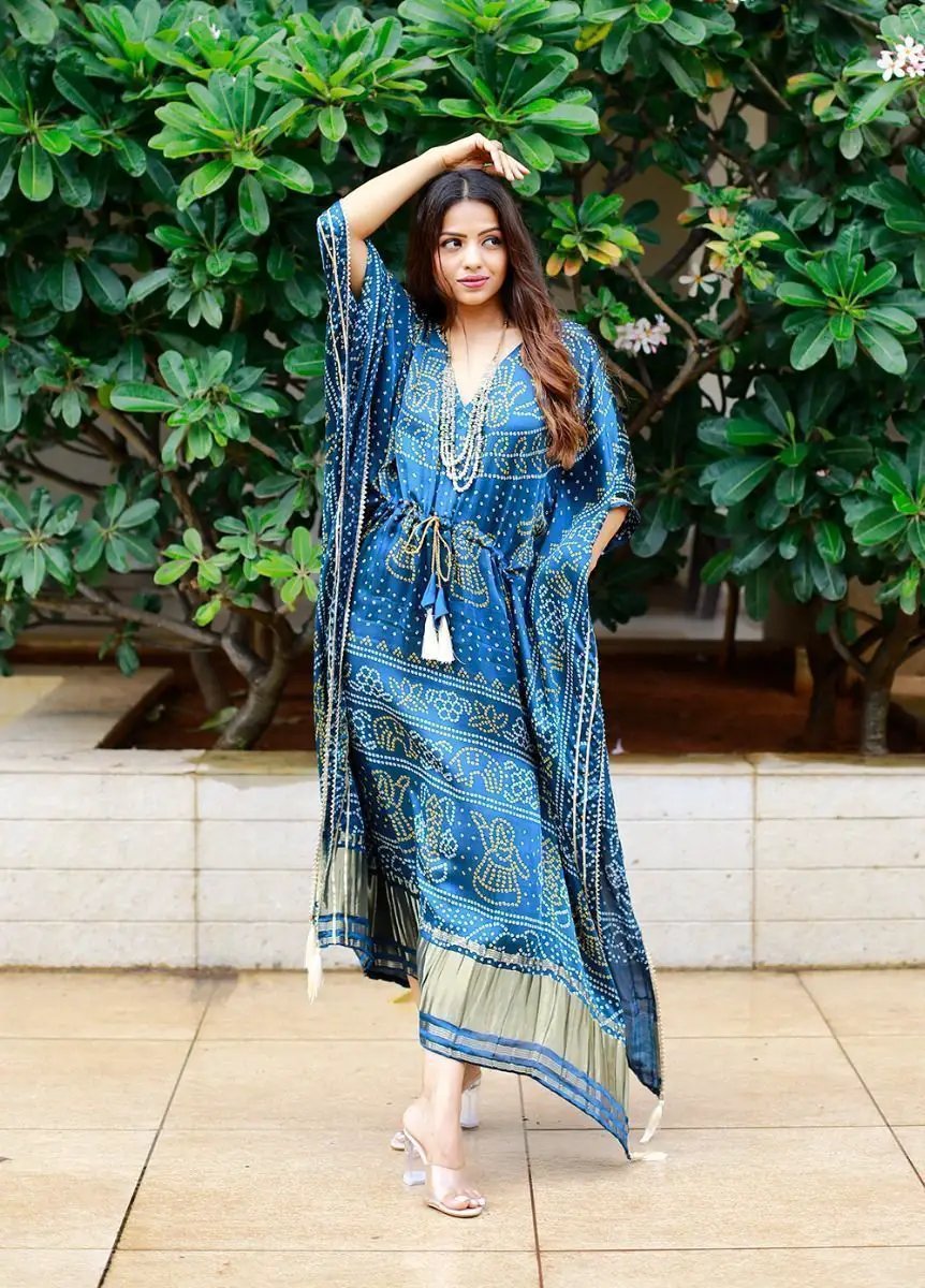 Regal Blue Bandhej Print Gaji Silk Readymade Kaftan