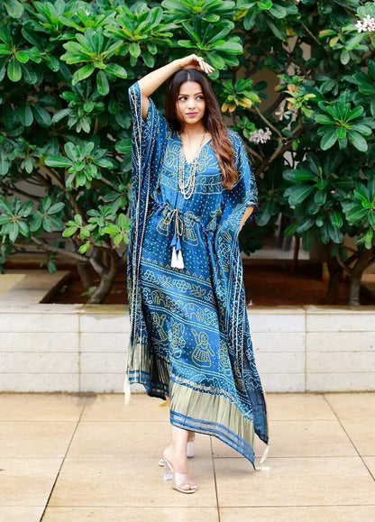 Regal Blue Bandhej Print Gaji Silk Readymade Kaftan