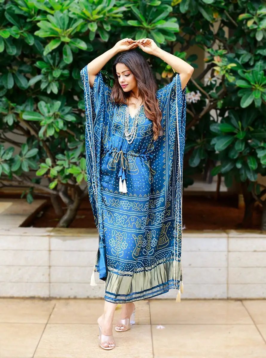 Regal Blue Bandhej Print Gaji Silk Readymade Kaftan
