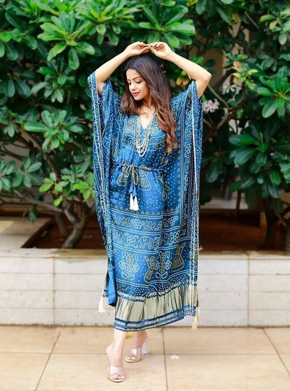 Regal Blue Bandhej Print Gaji Silk Readymade Kaftan