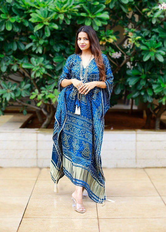 Regal Blue Bandhej Print Gaji Silk Readymade Kaftan