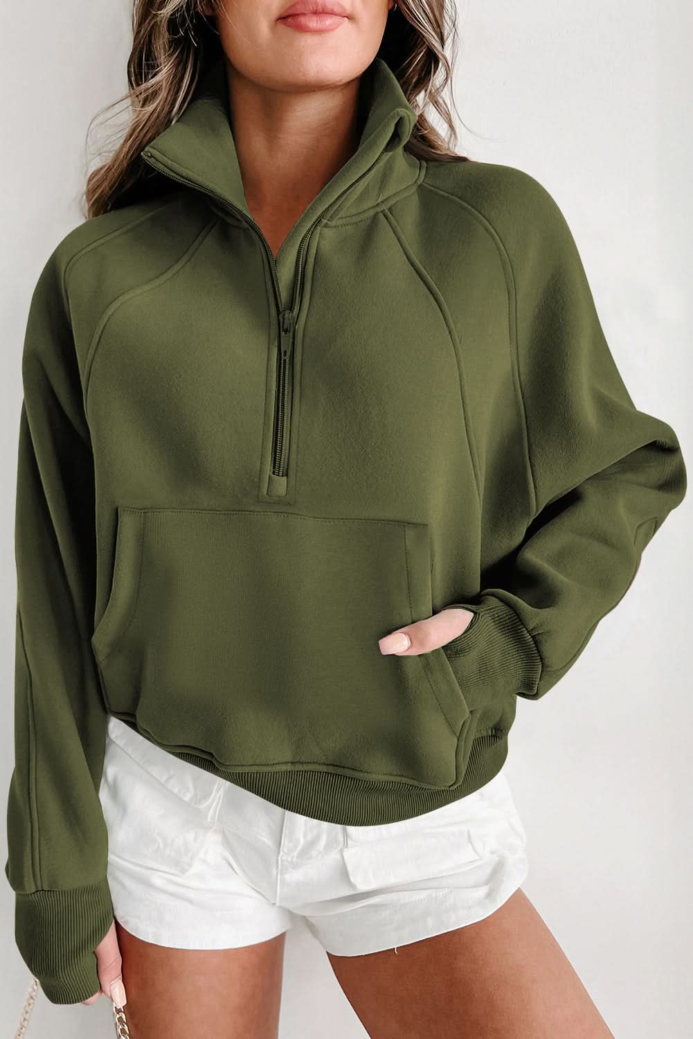 Green Zip Stand Collar Ribbed Thumbhole Sleeve Sweatshirt Green 50%Polyester+50%Cotton