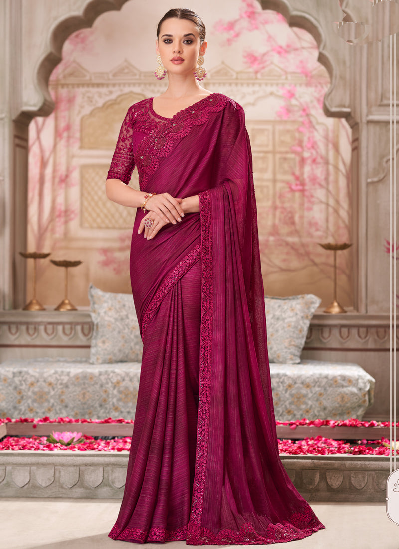 Vegaa Fashion Magenta Pink Embroidered Traditional Wedding Saree Default Title
