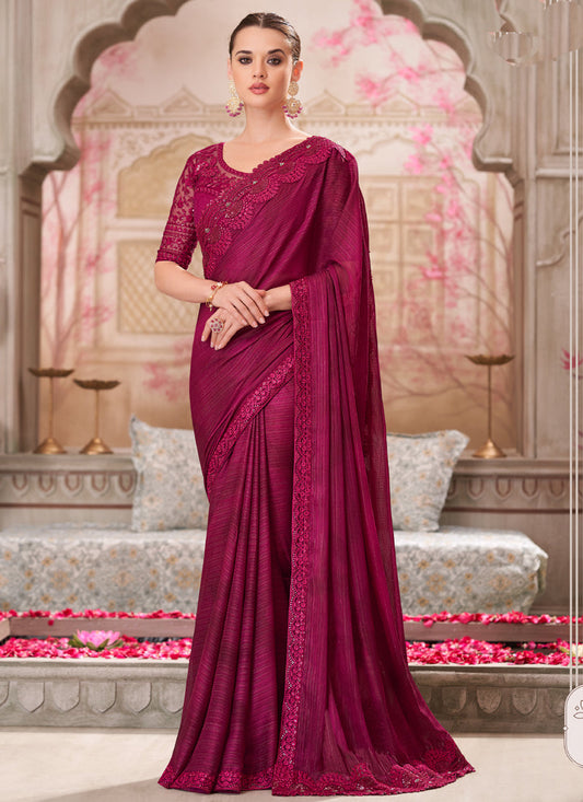 Vegaa Fashion Magenta Pink Embroidered Traditional Wedding Saree Default Title