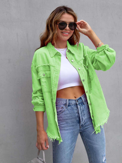 Distressed Drop Shoulder Fringe Denim Jacket Cotton Blend Green Apple