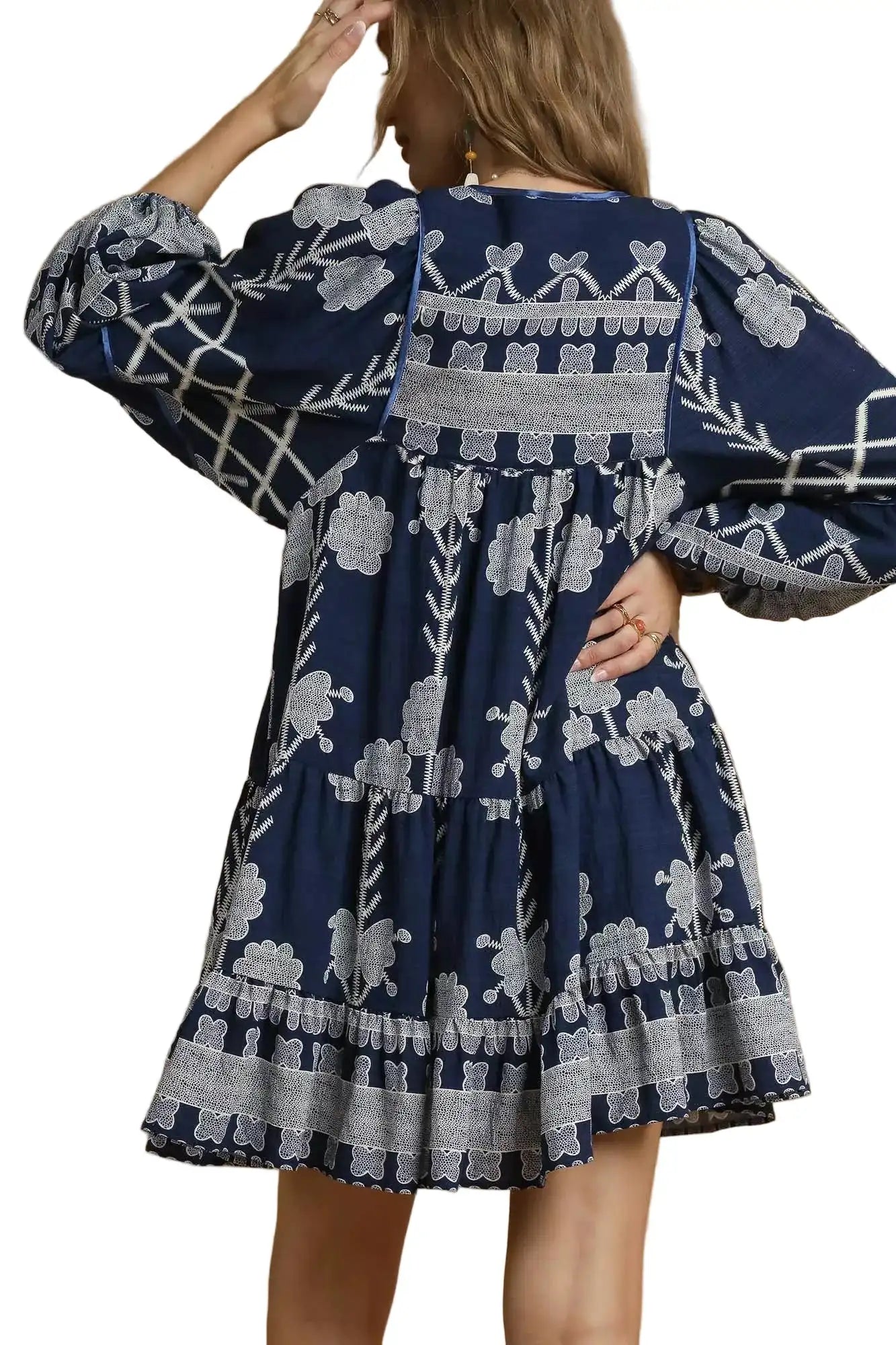 Umgee Tribal Print Dress with Tie Neck