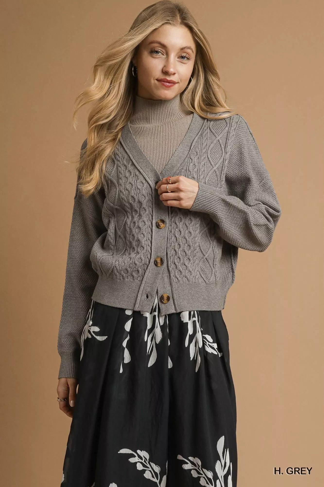 Umgee Chunky Cable Knit V-Neck Button-Up Cardigan H. GREY