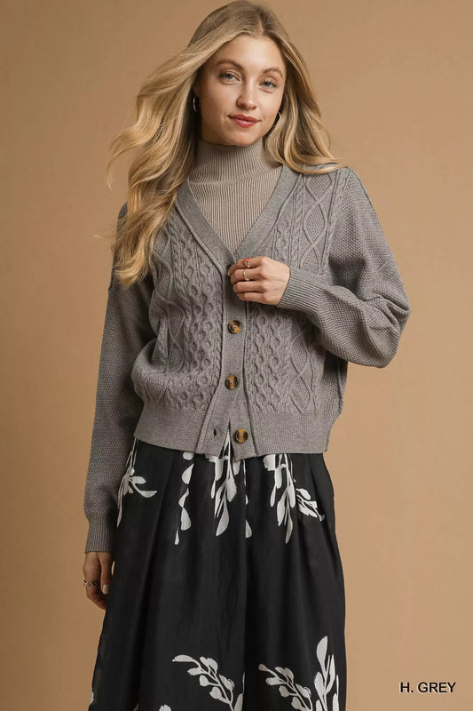 Umgee Chunky Cable Knit V-Neck Button-Up Cardigan H. GREY