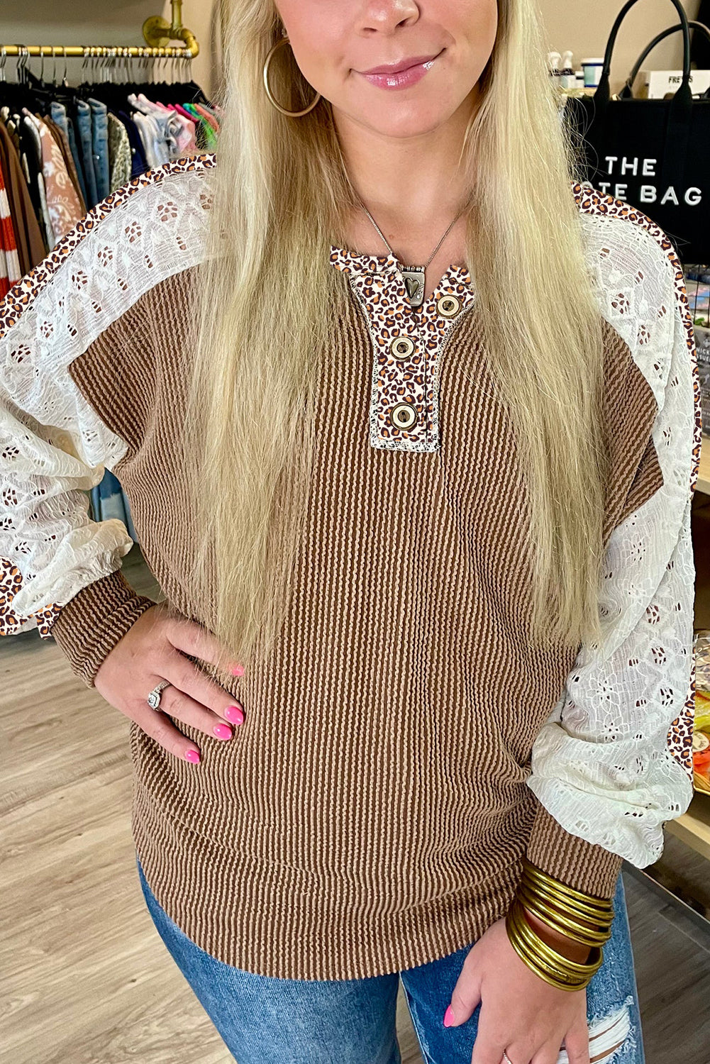 Vineyard Green Texture Patchwork Lace Sleeve Leopard Henley Top Dark Khaki