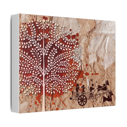 Artistic Stretched Tribal Canvas Wall Art, Rustic Home Decor, Nature-Inspired Art, Tree and Cart Design, Unique Gift for Art Lovers