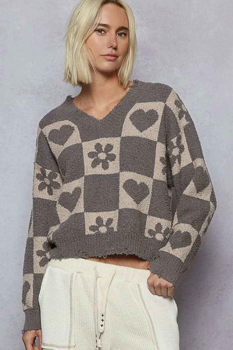 Pol V Neck Heart Pattern Checkered Sweater Oversized GHOST GREY BEIGE