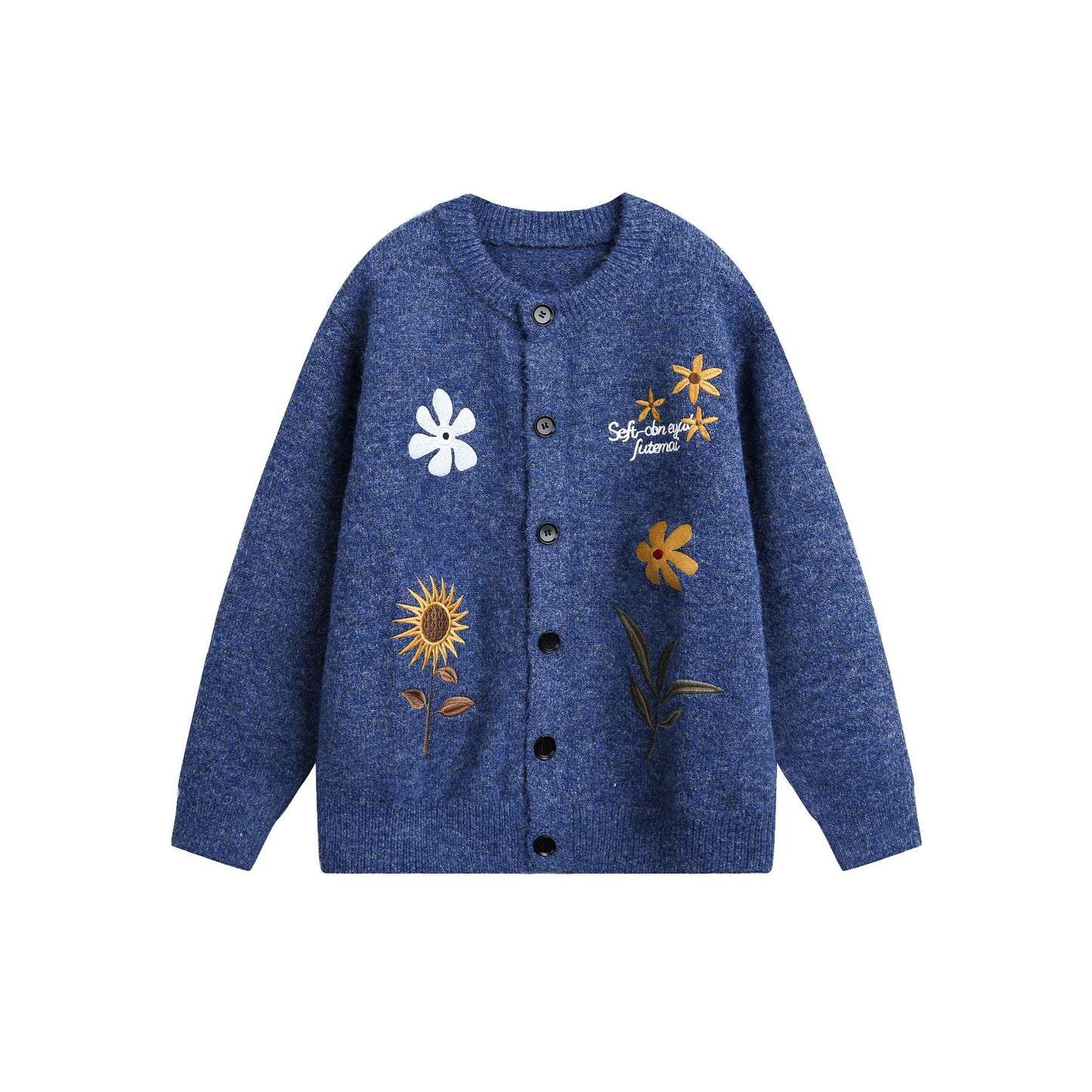Women’s Retro Floral Embroidered Cardigan Sweater Navy Blue