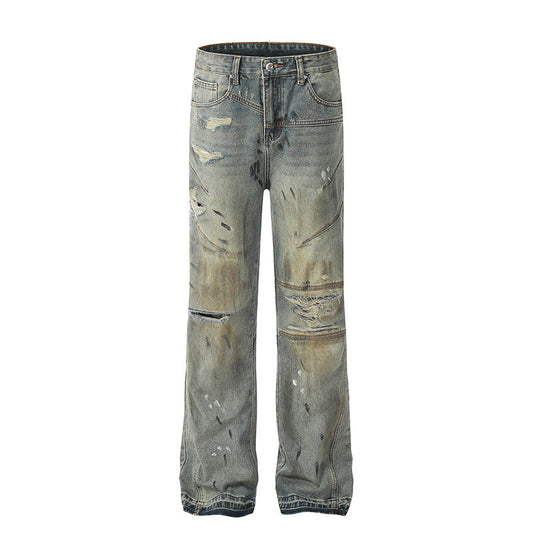 Mud Dyed Micro Flared Spliced Jeans - Distressed Denim with Unique Style