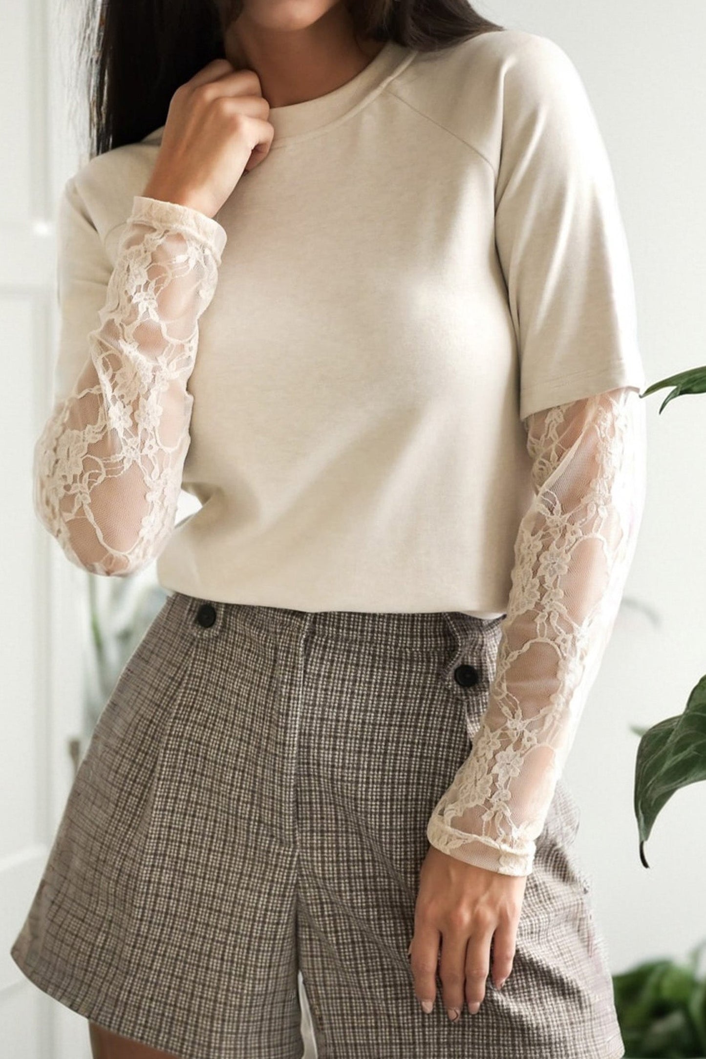 Solid Lace Patchwork Long Sleeve T-Shirt Jet Stream