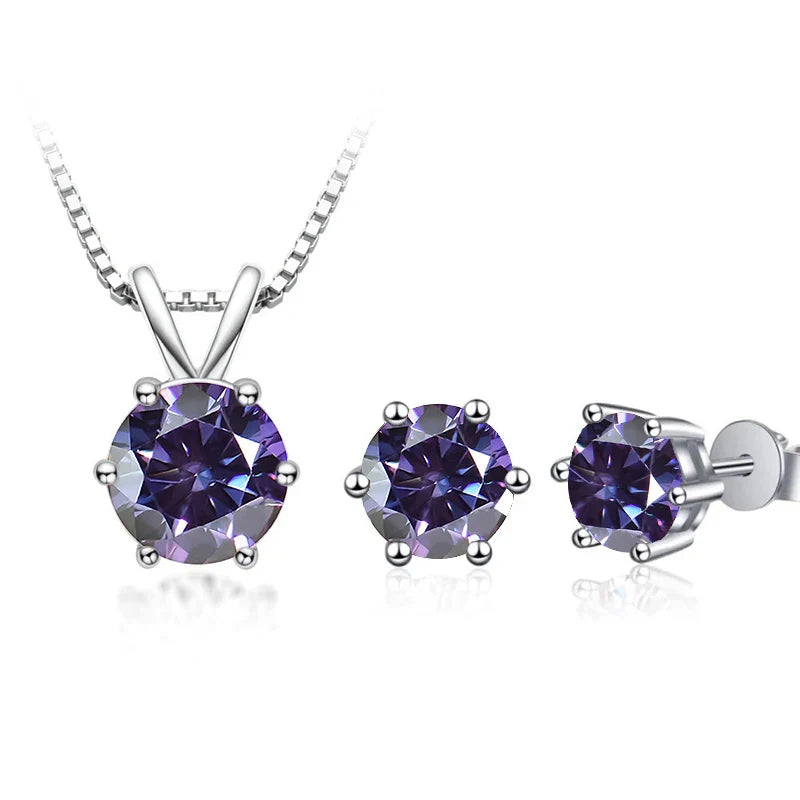 3Ct Moissanite Necklace Earrings Set 925 Sterling Silver GRA Cert Wedding 1.0CT per stone violet