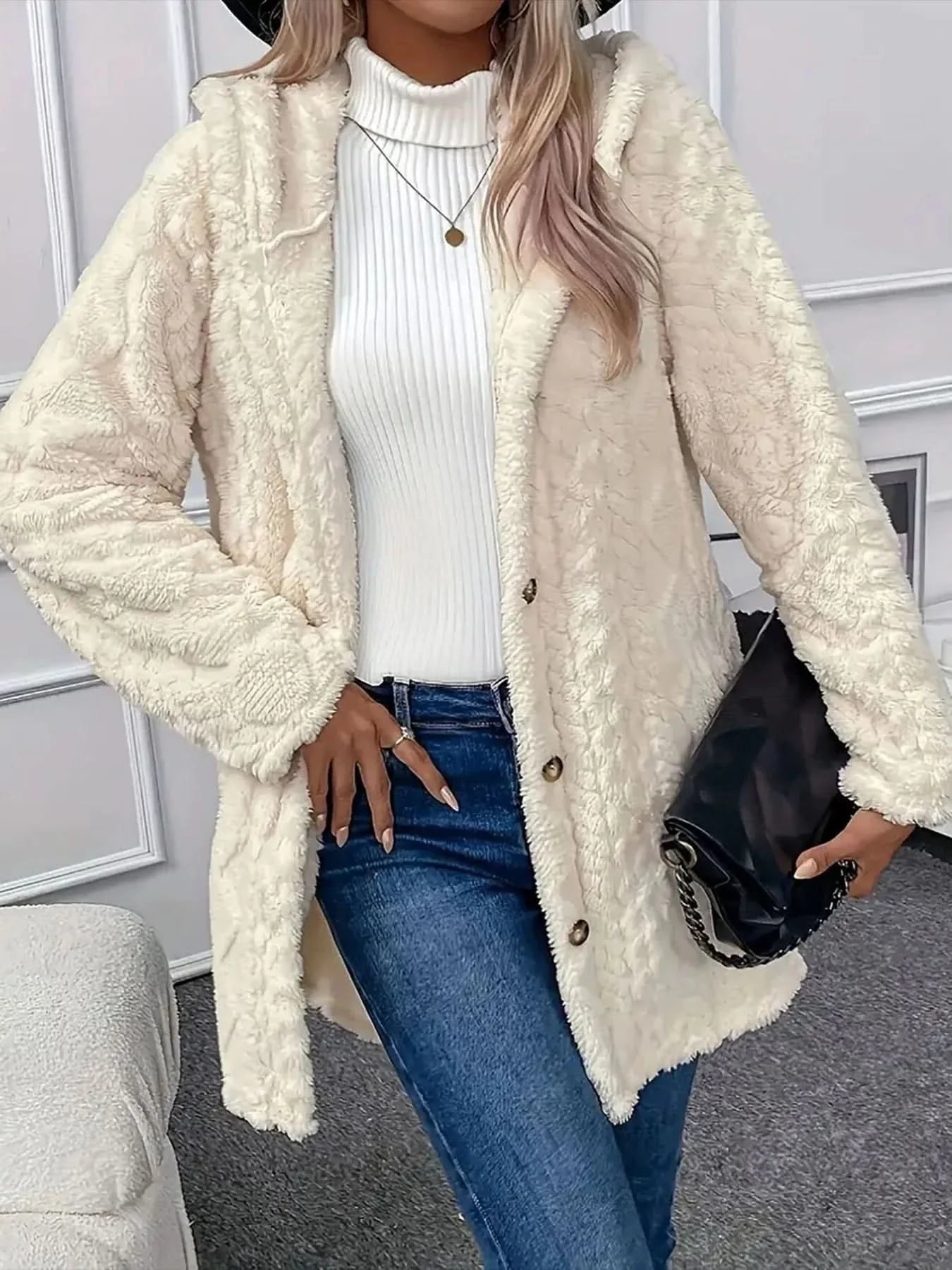 Luxurious Warm Thick Faux Fur Teddy Coat With Button Front For Women Cream